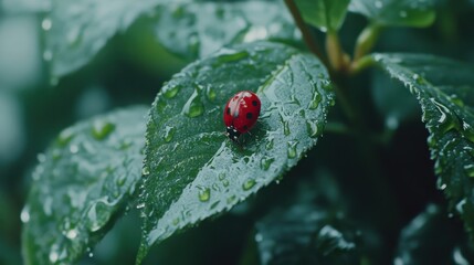 Fototapeta premium Ladybug on Lush Green Leaves After the Rain
