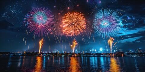 Fototapeta premium Beautiful Fireworks in Yokohama lake in the night sky, Independence day of America
