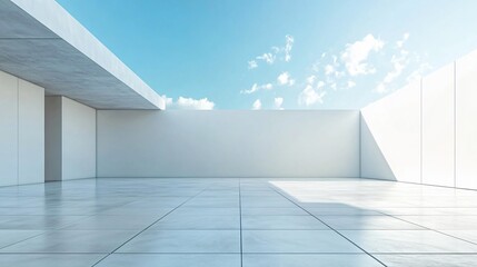 Obraz premium Modern white architectural building with artistic and abstract design, featuring a clean, minimalist background. The spacious ground and sky offer an ideal setting for an automotive advertisement back