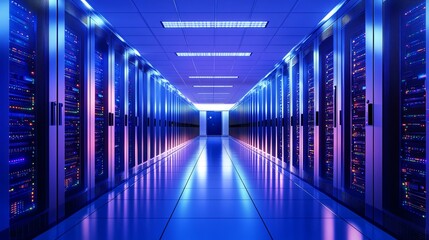Fototapeta premium A long hallway in a data center with rows of metal racks and a blue wall at the end.