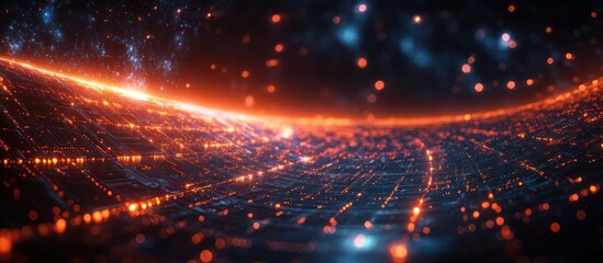 Obraz premium Futuristic cityscape at night with glowing lights and particles.