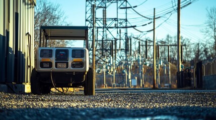 Obraz premium Diesel generator by power substation focus on transformers poles