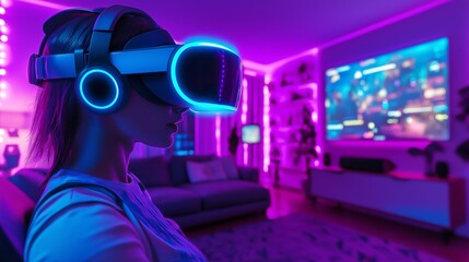 Cinematic shot of a woman wearing VR in Home, cyberpunk theme future concept illustration.