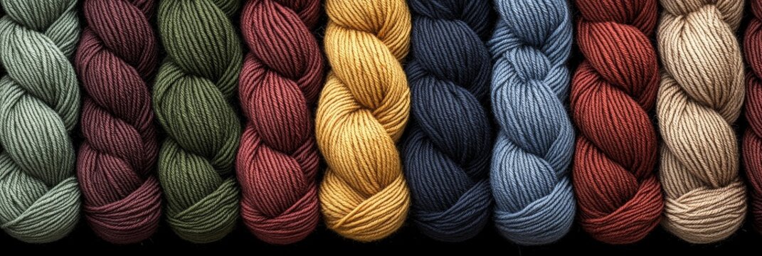 Colorful selection of skeins of yarn in vibrant hues. Textile, fashion, knitting, craft materials