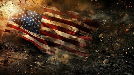 Concept of War, American Flag in background, soldiers, Tanks, Fighter Jets. American Defense Day, Independence Day, Memorial Day