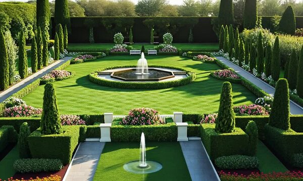 Formal Garden with Octagonal Fountain and Symmetrical Landscaping