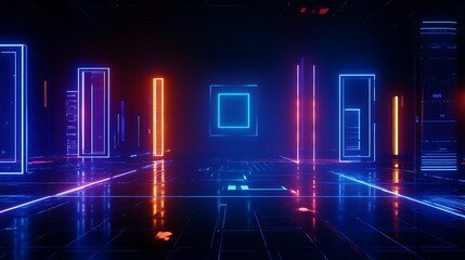 Fototapeta premium Futuristic Neon Room with Glowing Rectangles and Reflections on Dark Floor