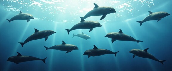 Naklejka premium A group of dolphins swimming in the ocean. The water is blue and the sun is shining on the surface