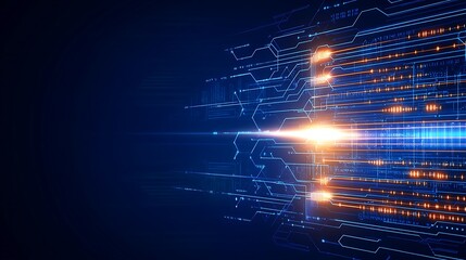 Obraz premium Futuristic Technology Background with Bright Beams and Digital Circuit Elements in Blue and Orange Color Scheme