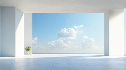 Fototapeta premium Modern white architectural building with artistic and abstract design, featuring a clean, minimalist background. The spacious ground and sky offer an ideal setting for an automotive advertisement back