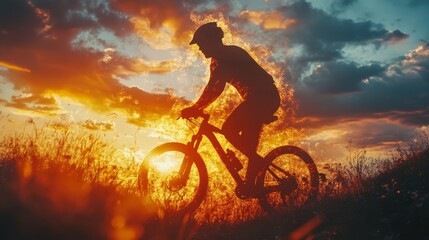 Obraz premium Double exposure style, Double exposure, Cyclist Silhouette Against a Scenic Sunset Background