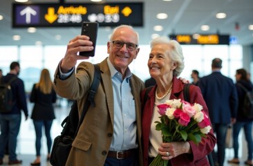 Meeting at the airport: an elderly man meets his beloved in the arrivals hall with a bouquet of gorgeous roses. An elderly couple takes a selfie at the airport. The concept of love through the years