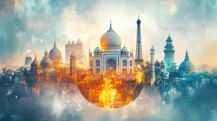 Fototapeta premium Double exposure style, Double exposure, Iconic Landmarks Around a Globe Illustration