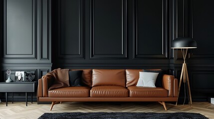 Elegant Brown Leather Sofa in a Dark Modern Living Room