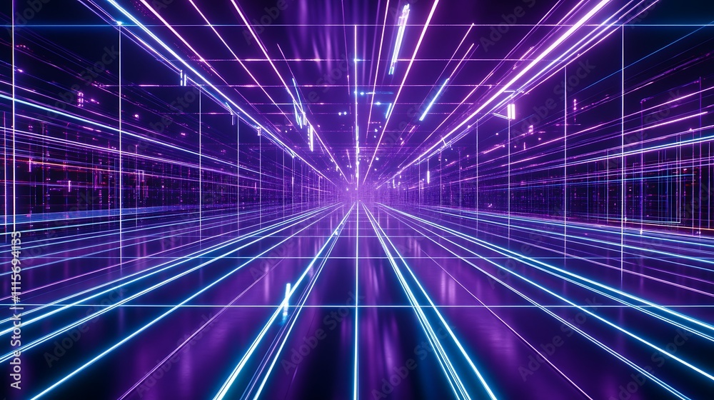 Poster Vibrant Abstract Light Tunnel with Neon Colors and Futuristic Digital Elements in 3D Perspective