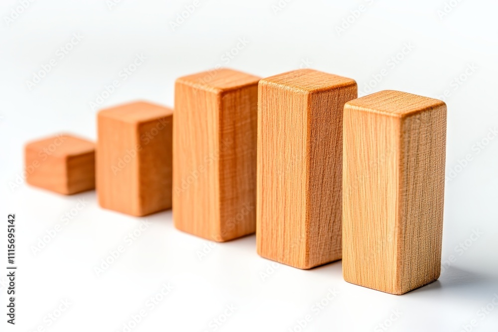 Poster A progression of wooden blocks creatively arranged in an ascending order, forming a simplistic yet visually engaging representation of a bar graph, symbolizing growth and success.