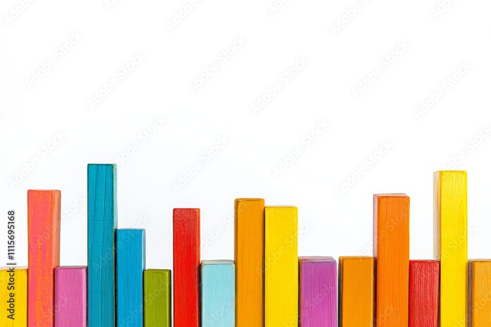 Poster a collection of vibrant, multicolored wooden blocks arranged in varied heights against a plain white