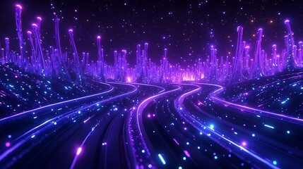 Obraz premium Vibrant Neon Landscape with Glowing Trails and Luminous Flora in a Sci-Fi Setting