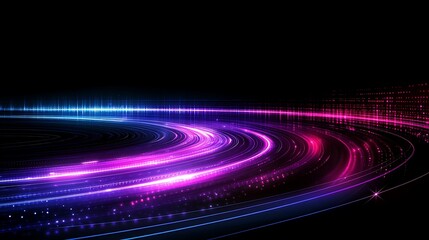 Obraz premium Vibrant Neon Light Trails on Dark Background with Smooth Flowing Motion and Digital Elements