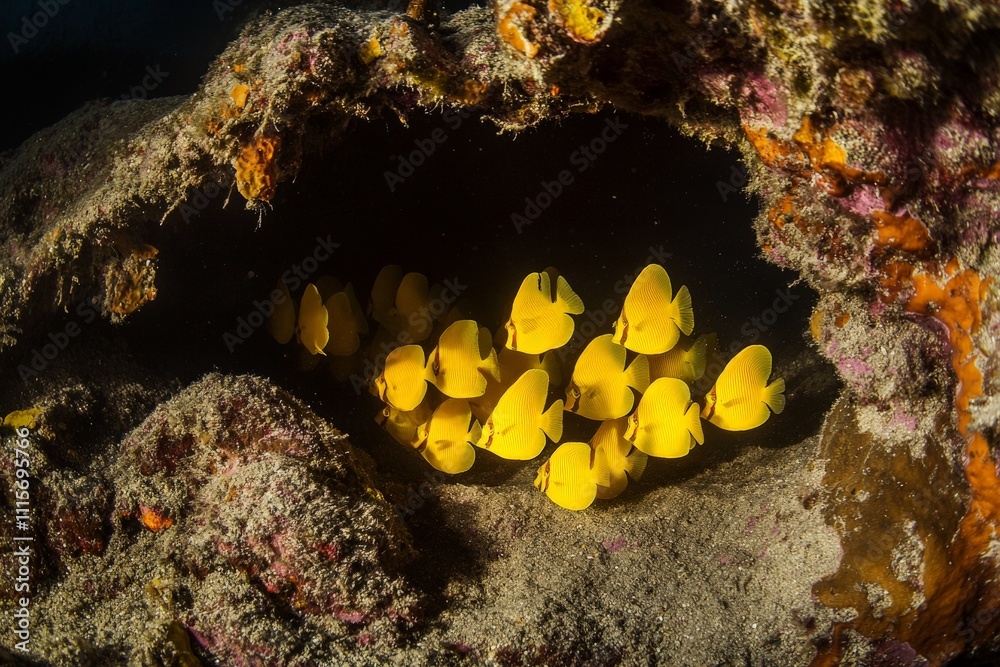 Poster an underwater scene displaying a school of vivid yellow fish nestled in a coral reef cave, emphasizi