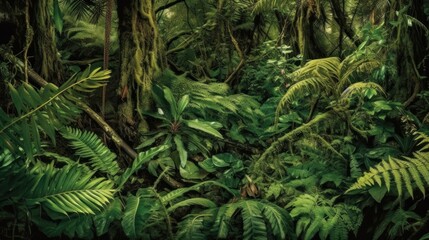 Dense tropical rainforest with rich vegetation and diverse plant life.