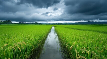 Obraz premium Lush green rice fields under a dramatic sky with a waterway.