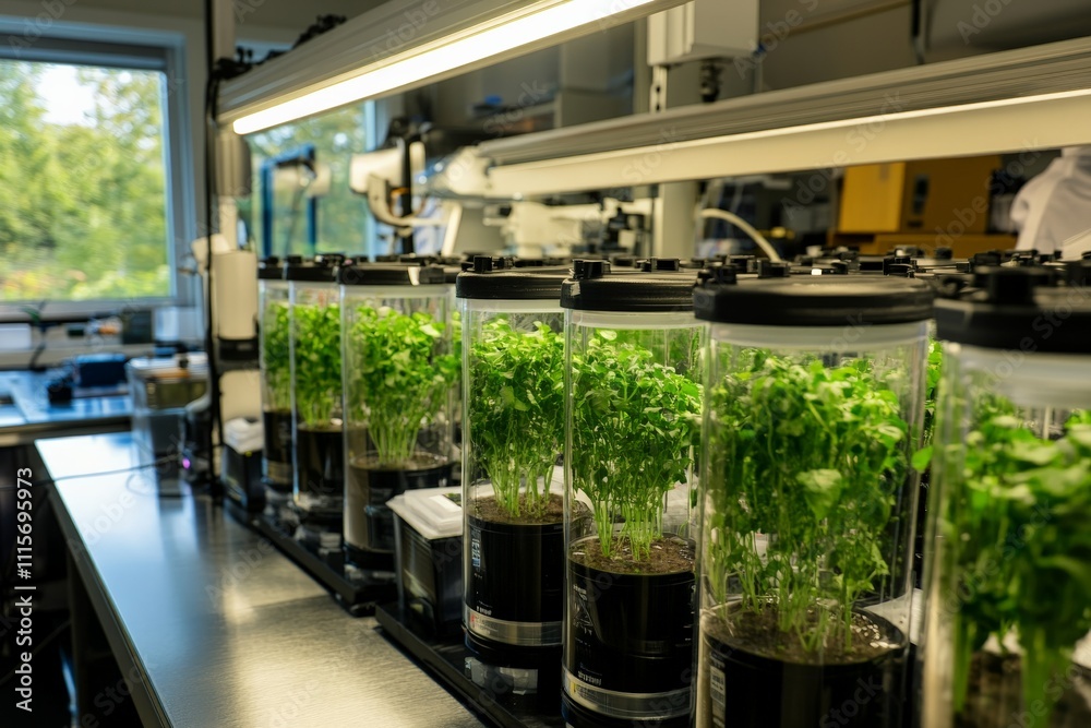 Poster this image captures a state-of-the-art laboratory featuring plants in growth chambers, symbolizing r