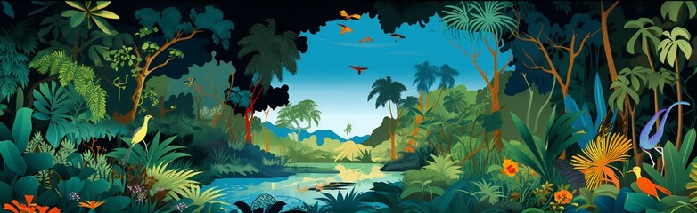 Obraz premium Exotic jungle animals like lemurs parrots tigers nestled among dense foliage depicted in a vibrant flat vector design