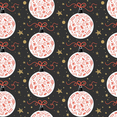 Seamless Christmas pattern with Xmas balls and stars on a black background. Ideal for Holiday gift wrapping, seasonal decor and digital projects, vector illustration