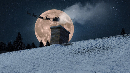 Roof of house with snow with chimney and smoke on Christmas Eve with full moon at night. House with a chimney on a winter night. Santa Claus with gifts and reindeer flies. Waiting for a miracle © alones