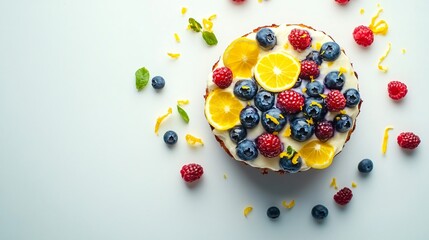 A blueberry teacake with lemon glaze, styled on a modern white background with scattered berries and zest