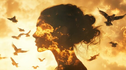 Double exposure style, Double exposure, Woman with Hair Transforming into Clouds and Birds