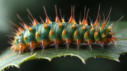 Fototapeta premium Vibrant Caterpillar Closeup on Green Leaf