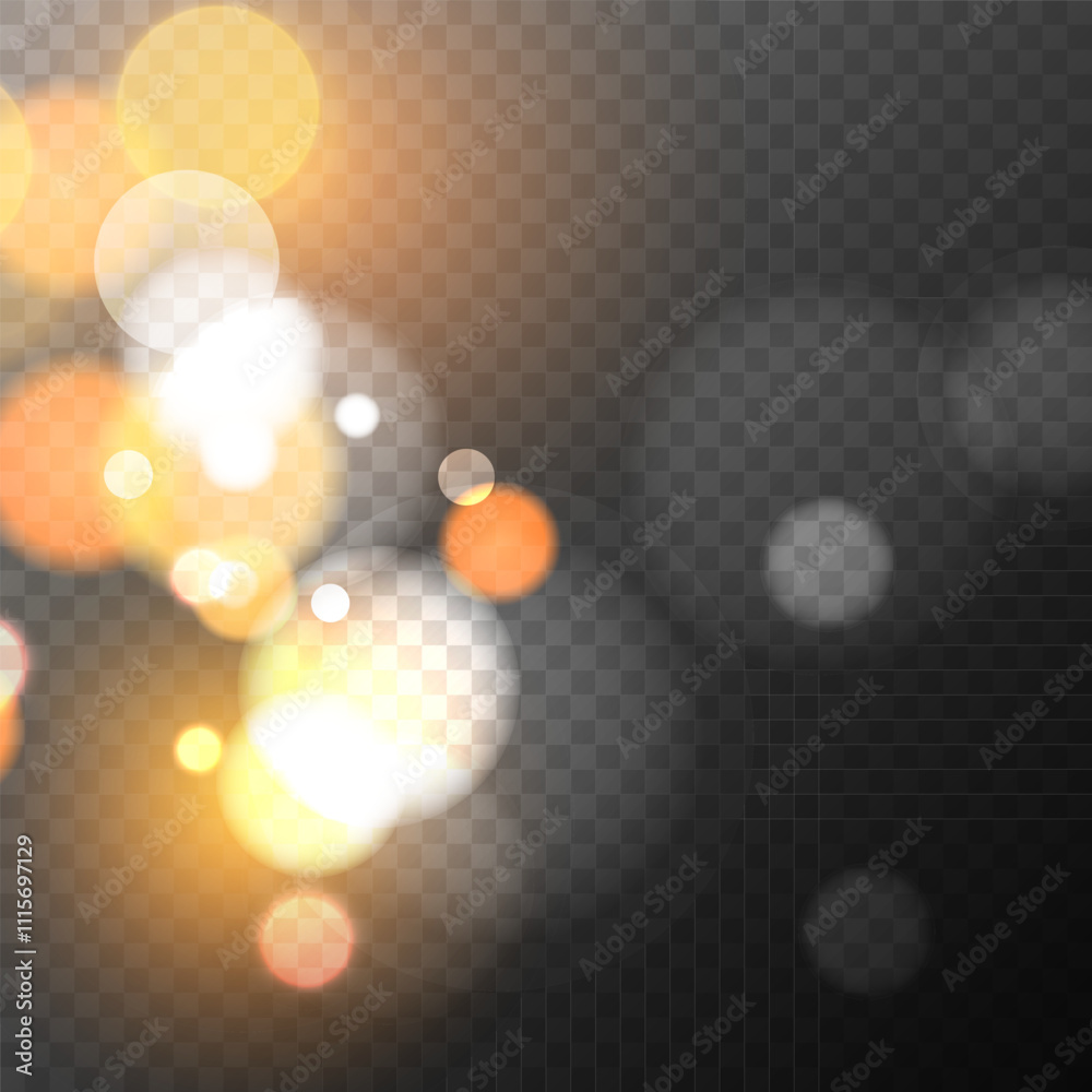 Poster gold colored bokeh lights. bright blur light effect. abstract blurred overlay template. transparent 