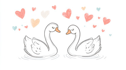 Obraz premium Two swans are resting in a pond with hearts surrounding them