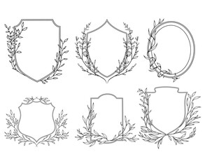 Line art vintage crest floral frames with greenery branches, line art drawing, botanical vector illustration, floral wedding border set