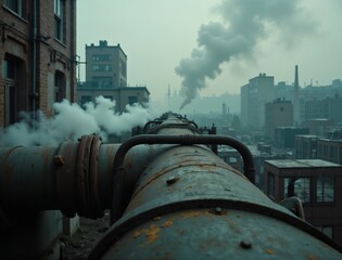 Industrial pipes emitting smoke in urban factory zone
