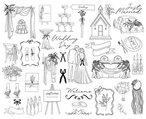 Obraz premium Set of hand drawn vector line art wedding elements, isolated wedding couple, groom, bride, wedding decorations, clothes and items, line drawing wedding illustration design for cards and invitations