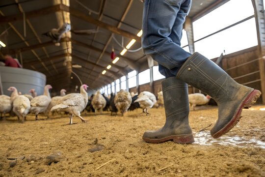 Worker walking in poultry farm with turkey. Agriculture and livestock