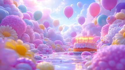 Birthday party elements featuring colorful balloons floating joyfully and a cake glowing with candles perfect for festive and cheerful designs