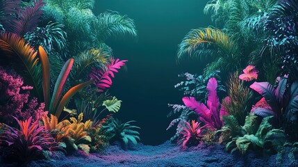 Naklejka premium A vibrant, surreal jungle scene filled with colorful foliage and lush plants.