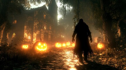 Spooky Halloween scene with evil pumpkins glowing in the dark surrounded by a haunted house and a creepy forest perfect for creating thrilling holiday event banners