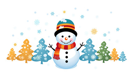 Fototapeta premium Snowman with a red and orange scarf is standing in front of a row of trees
