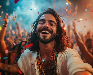 Obraz premium Happy Festival Goer Enjoying Music and Celebration with a Joyful Smile, Expressing Freedom and Excitement at a Vibrant Party, Immersed in Festival Vibes and Colorful Atmosphere