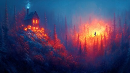 Eerie Halloween background with sinister pumpkins and a haunted house set in a spooky dark forest creating a spooky vibe for holiday banners and event promotions