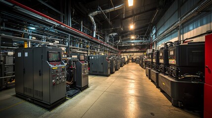 Industrial Generator Room with Diesel Engines and Control Panels