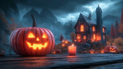 Halloween scene with sinister pumpkins glowing in the dark and a haunted house in a spooky forest creating the perfect eerie backdrop for holiday event concepts