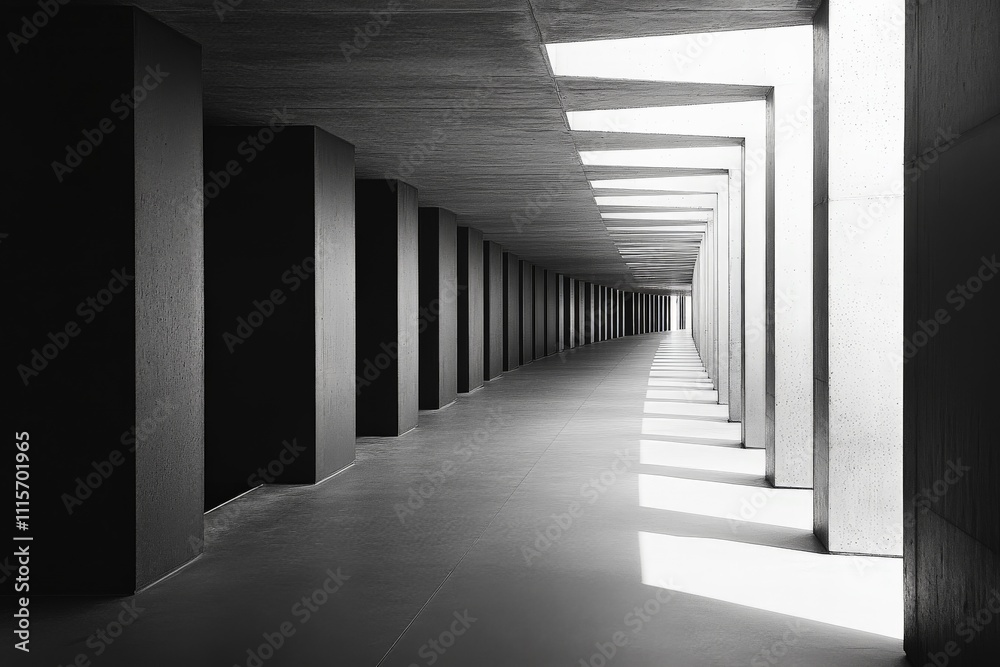 Poster A minimalist corridor with sleek geometric columns and sharp light patterns creates a modern aesthetic, highlighting simplicity and architectural elegance.
