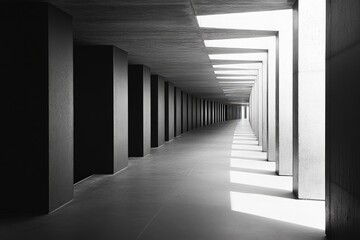 Obraz premium A minimalist corridor with sleek geometric columns and sharp light patterns creates a modern aesthetic, highlighting simplicity and architectural elegance.