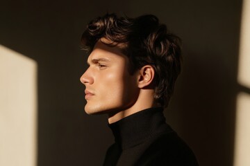 A side view portrait of a man in soft, warm lighting, emphasizing his thoughtful expression and natural beauty, creating an atmosphere of calm and introspection.